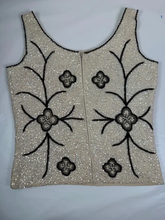 Vintage Beaded Black and cream sleeve less top - Picture 2 of 13